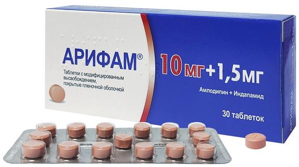 Арифам табл. 1,5 мг/10 мг №30 ( индапамид / амлодипин ) с модифицированным высвобождением (Упаковка)