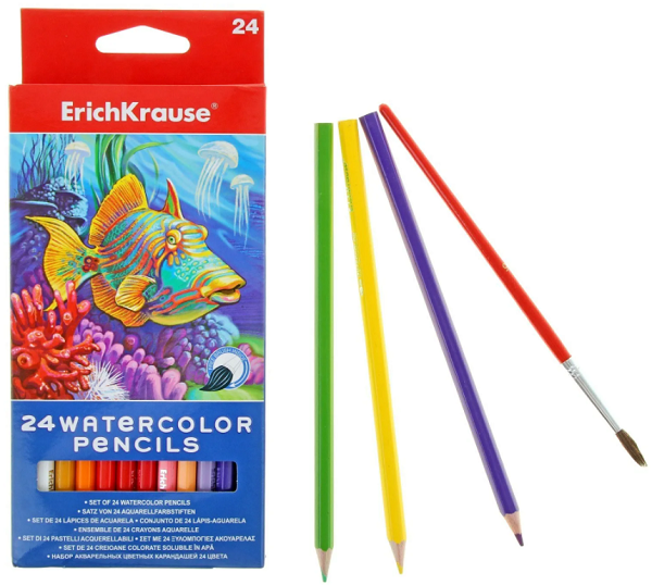 Акварельные карандаши шестигранные ErichKrause 24 цветов с кисточкой